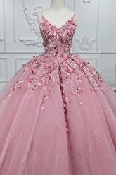 Pink Princess Glitter Ball Gown with V-Neck and Long Applique Quinceanera Dress