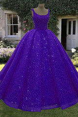 Royal Blue Sparkly Scoop Neck Ball Gown with Sequins for Quinceanera