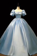 Royal Blue Satin Ball Gown with Square Neck and Puff Sleeves for Quinceanera