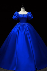 Royal Blue Satin Ball Gown with Square Neck and Puff Sleeves for Quinceanera