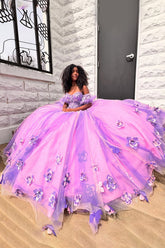 Long Lilac Quinceanera Princess Ball Gown in Sparkly Tulle with Ruffles