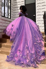 Long Lilac Quinceanera Princess Ball Gown in Sparkly Tulle with Ruffles