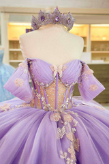 Lilac Butterfly Ball Gown with Sparkly Off-Shoulder Design for Quinceanera