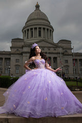 Long Lilac Quinceanera Ball Gown with Sparkly Tulle Butterfly Corset and Bow