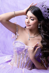 Long Lilac Quinceanera Ball Gown with Sparkly Tulle Butterfly Corset and Bow