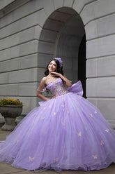 Long Lilac Quinceanera Ball Gown with Sparkly Tulle Butterfly Corset and Bow