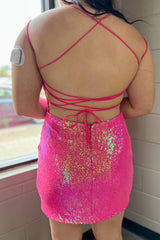 Sparkly Fuchsia Sequins Backless Tight Short Homecoming Dress/Mini Dress