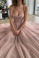 Blush Tea-Length Prom Dress with Spaghetti Straps in A-Line Silhouette