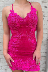 Sparkly Fuchsia Tight Short Homecoming Dress/Mini Dress with Appliques