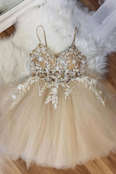 Beige Spaghetti Straps Homecoming Dress/Mini Dress With Appliques