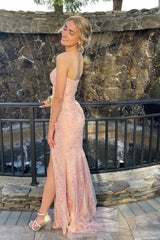 Long Strapless Pink Prom Dress Featuring Lace and a Slit