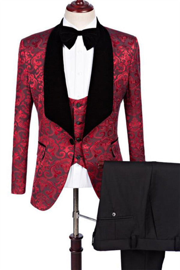 Ruby Flower Jacquard Slim Fit Pattern Three-Piece Prom Business Formal Suits