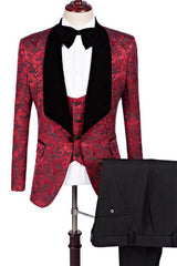Ruby Flower Jacquard Slim Fit Pattern Three-Piece Prom Business Formal Suits
