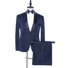Modern Dark Navy Sparkly Wedding Suit for Groom with Peaked Lapel