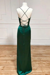 Dark Green Corset Prom Dress with Sheath Spaghetti Straps and Front Split
