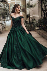 Lace-Trimmed Green Prom Dress with Off-Shoulder Neckline