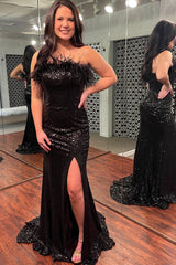 White Sequined Plus Size Mermaid Prom Dress with Feathers Strapless