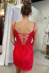 Glitter Red Lace Spaghetti Straps Tight Short Homecoming Dress/Mini Dress