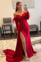 Feather-Adorned Red Prom Gown in Long Length