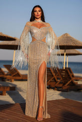 Chic Jewel Necks Long Sleeves Beadings High Split Formal Dress With Tassel