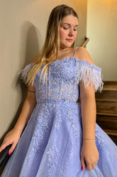 Sparkly Lavender Corset A-Line Lace Short Homecoming Dress/Mini Dress With Feathered Detachable Sleeves