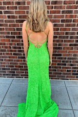 Long Prom Dress in Fluorescent Green with Criss Cross Back and Sequins