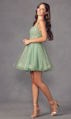 Attractive Champagne Spaghetti Strap Applique Knee Length Formal Dress