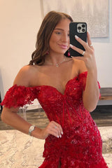 Long Red Prom Dress with Lace in an Off-the-Shoulder A-Line Design