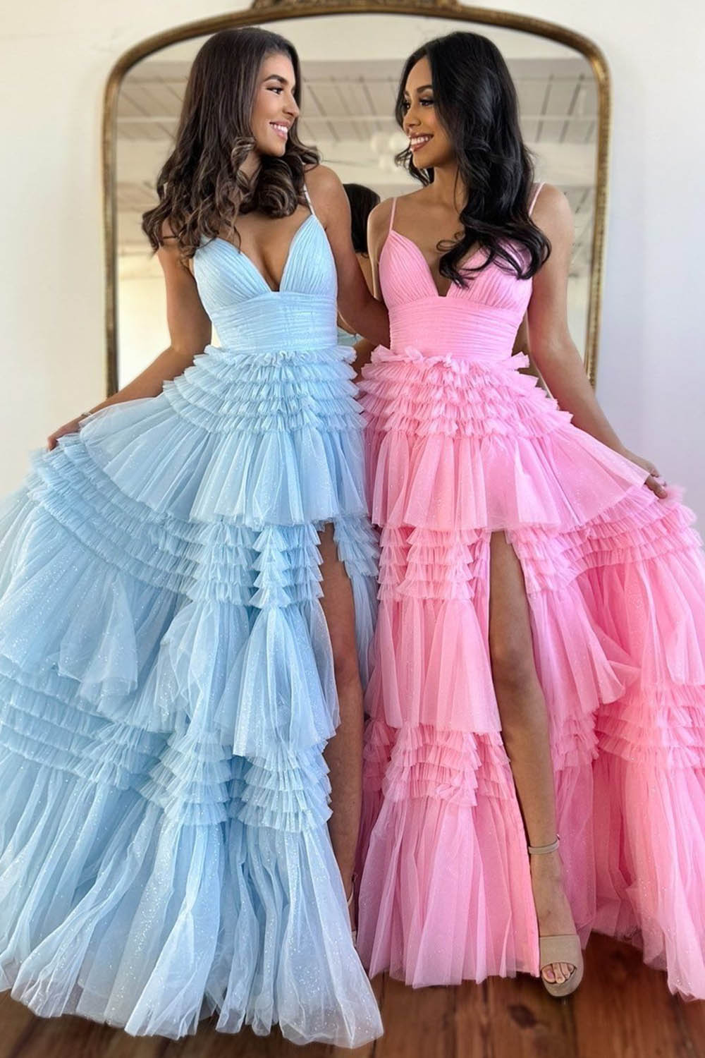 Elegant A-Line Long Tulle Prom Dress with Spaghetti Straps and Side Split