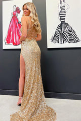 Golden Sequins Long Prom Dress with Mermaid Spaghetti Straps and Front Split