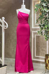 Fuchsia One Shoulder Floor Length Evening Dress With Pleat Mermaid