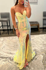 Sequined Yellow Prom Dress with Strapless Design and Slit