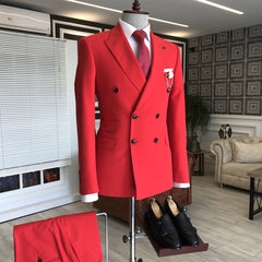 Fashion Red Peaked Lapel Best Double-Breasted Wedding Suits for Groom