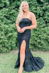 Charming Black Strapless Split Mermaid Evening Dress With Appliques