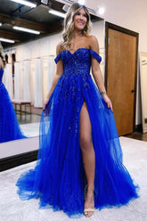 Royal Blue Long Prom Dress with Off-the-Shoulder A-Line and Front Split