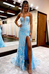 Sweetheart Lace Long Prom Dress with Blue Detachable Sleeves and Slit
