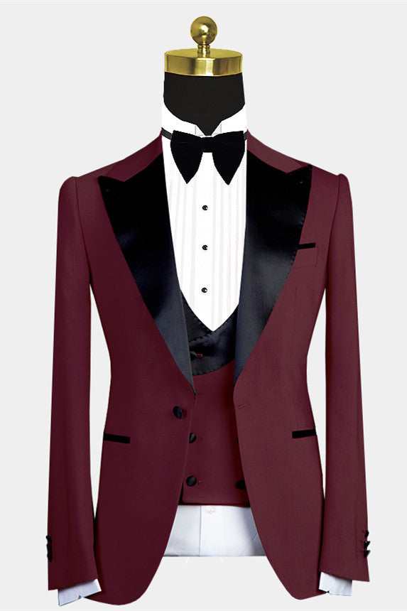 Modern Slim Fit Black Lapel Burgundy Wedding Suit for Men with