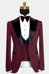 Modern Slim Fit Black Lapel Burgundy Wedding Suit for Men with