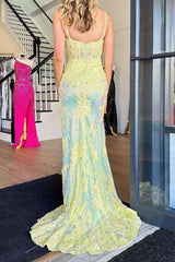 Elegant Yellow Mermaid Prom Dress with Square Neck and Front Split