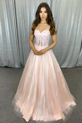 Pink Sweetheart Corset Prom Dress with Appliques in A-Line Style