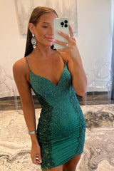Sparkly Dark Green Sequin Tight Short Homecoming Dress/Mini Dress with Appliques