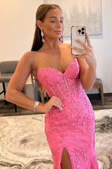 Sweetheart Long Pink Lace Corset Prom Dress with Slit