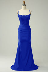 Royal Blue Long Prom Dress with Mermaid Spaghetti Straps and Appliques