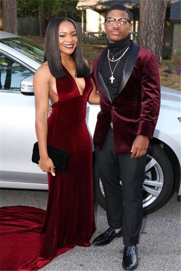 Noble Burgundy Velvet Prom Suits for Party Slim Fit with Shawl Lapel