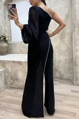 Glamorous Long Sleeves One-Shoulder Black Satin Jump Suit