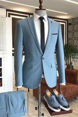 Sky Blue Peaked Lapel Wedding Suits with Three Flaps