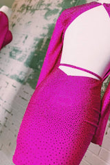 Sparkly Fuchsia Sequined Tight Short Homecoming Dress/Mini Dress with Sleeves