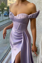 Stunning Lilac Off-The-Shoulder Slit Evening Dress Long With Ruffle