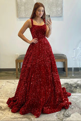 Long Burgundy Spaghetti Strap Prom Dress with Sequins in A-Line