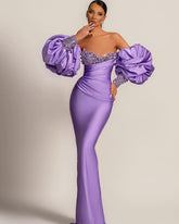 Elegant Purple Bubble Sleeves Sequins Evening Dress
